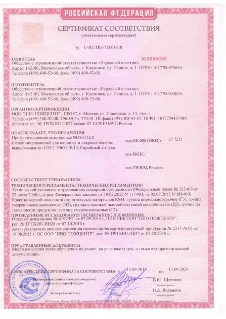 Сертификат пожарной безопасности Novotex
